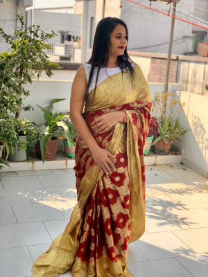 Maroon and beige color soft art silk saree with zari weaving work