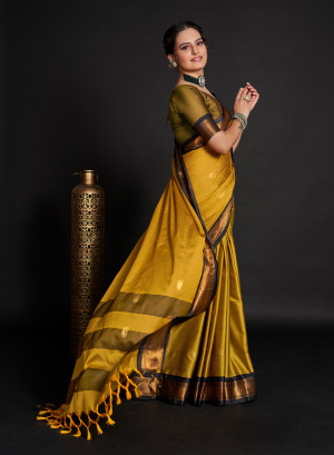 Mustard yellow color soft cotton silk saree with zari weaving work