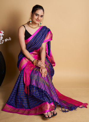Navy blue color soft cotton saree with zari weaving work