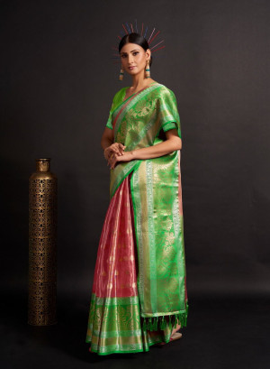 Magenta and green color organza silk saree with woven design