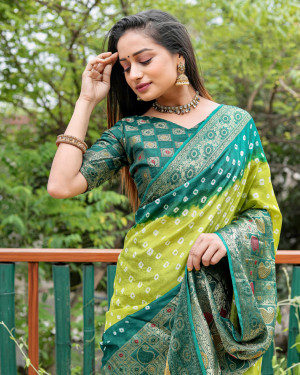 Parrot green and dark green color hand bandhej silk saree with zari weaving work