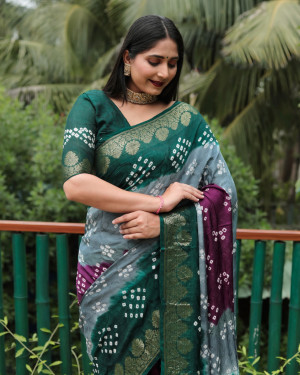 Gray and green color bandhej silk saree with zari weaving work