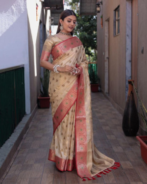 Beige color banarasi silk saree with zari weaving work