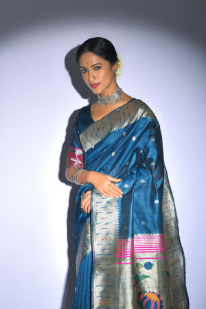 Blue color tussar silk saree with zari weaving work