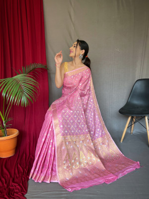Baby pink color muslin silk saree with zari weaving work