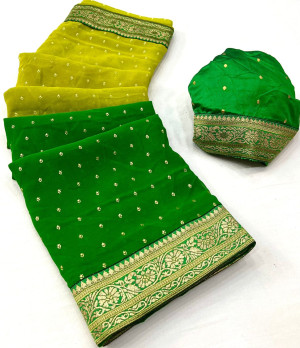 Parrot green and green color georgette saree with foil printed work