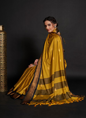 Mustard yellow color soft cotton silk saree with zari weaving work