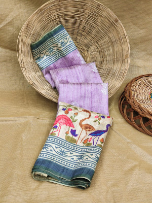Purple color tussar silk saree with printed work