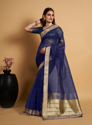 Navy blue color organza silk saree with zari weaving work