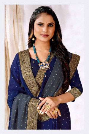 Navy blue and gray color georgette saree with foil printed work