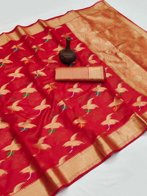 Red color soft organza silk saree with zari weaving work