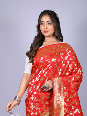 Orange color pure silk saree with zari weaving work