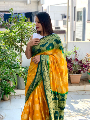 Yellow and green color soft art silk saree with zari weaving work