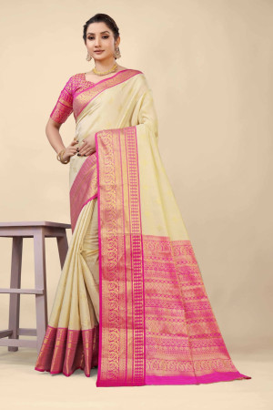 Off white color kanchipuram silk saree with zari weaving work