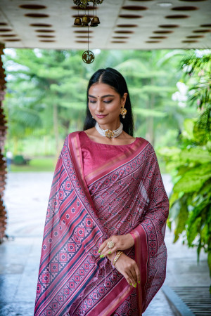Pink color tussar silk saree with printed work
