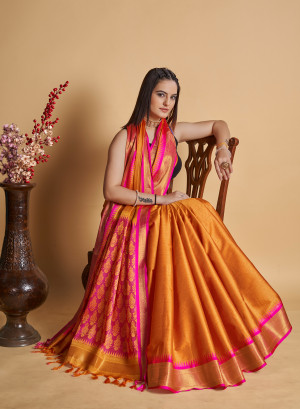 Mastard yellow color cotton silk saree with zari woven work
