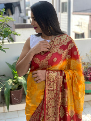 Yellow and red color soft art silk saree with zari weaving work