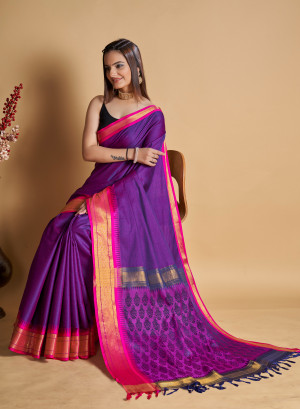Purple color cotton silk saree with zari woven work