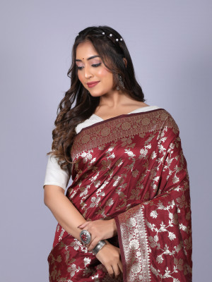 Maroon color pure silk saree with zari weaving work