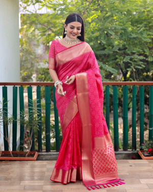 Pink color cotton silk saree with zari weaving work