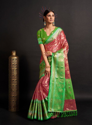 Magenta and green color organza silk saree with woven design