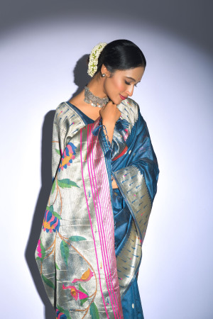 Blue color tussar silk saree with zari weaving work
