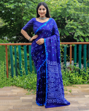 Royal blue color soft bandhej silk saree with sequence work
