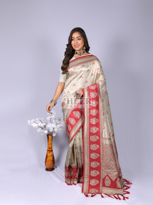 Off white color kanchipuram silk saree with zari weaving work