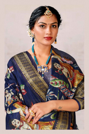 Navy blue color soft cotton saree with digital printed work
