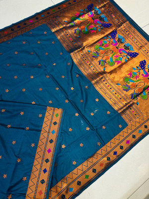 Blue color paithani silk saree with zari weaving work