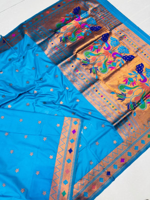 Firoji color paithani silk saree with zari weaving work