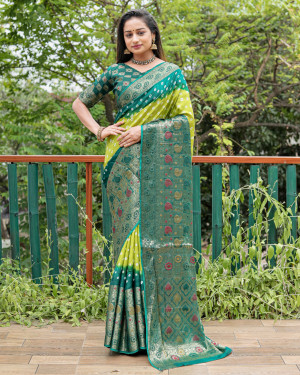 Parrot green and dark green color hand bandhej silk saree with zari weaving work