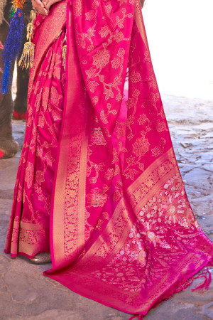 Pink color banarasi silk saree with zari weaving work