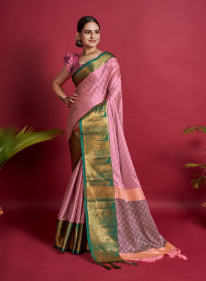 Baby pink color soft cotton silk saree with zari weaving work