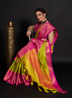 Lemon yellow color soft cotton silk saree with zari weaving work