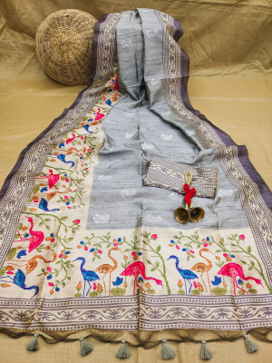 Gray color tussar silk saree with printed work
