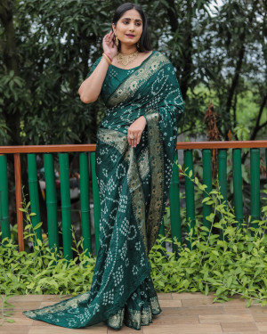 Dark green color bandhej silk saree with zari weaving work