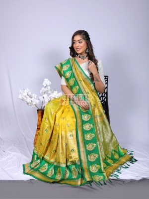 Yellow color kanchipuram silk saree with zari weaving work