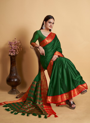 Dark green color cotton silk saree with zari weaving work