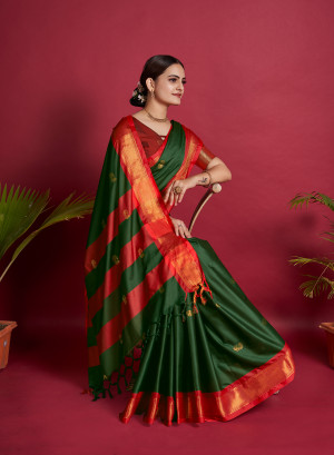 Dark green color soft cotton silk saree with zari weaving work