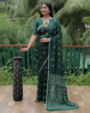Green color bandhej silk saree with printed work