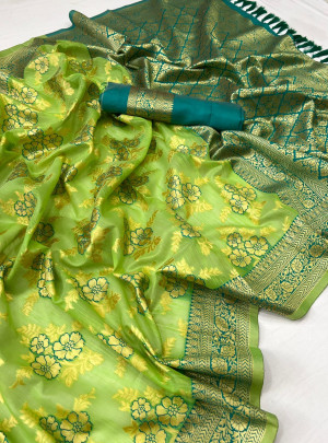 Parrot green color linen silk saree with zari weaving work