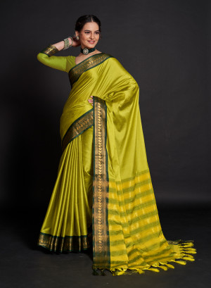 Parrot green color cotton silk saree with zari weaving work