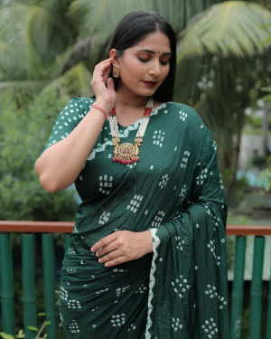 Green color bandhej silk saree with printed work