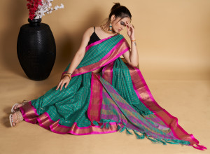 Rama green color soft cotton saree with zari weaving work