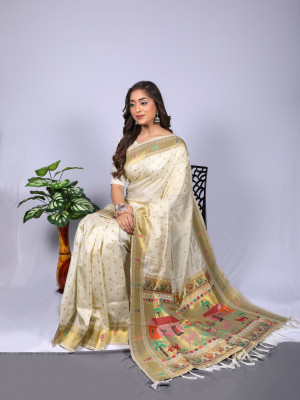 Off white color paithani silk saree with zari weaving work