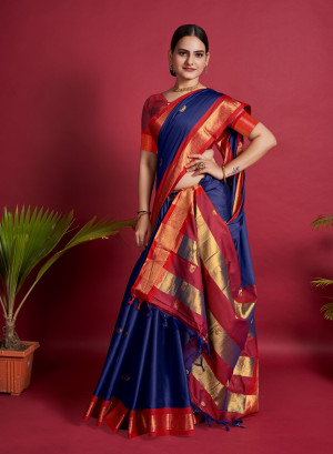 Navy blue color soft cotton silk saree with zari weaving work