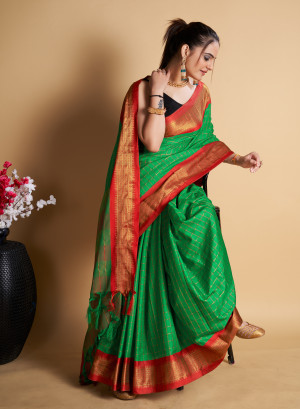 Green color soft cotton saree with zari weaving work