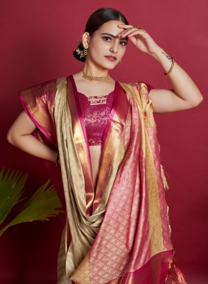 Beige color soft cotton silk saree with zari weaving work