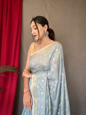 Sky blue color muslin silk saree with zari weaving work